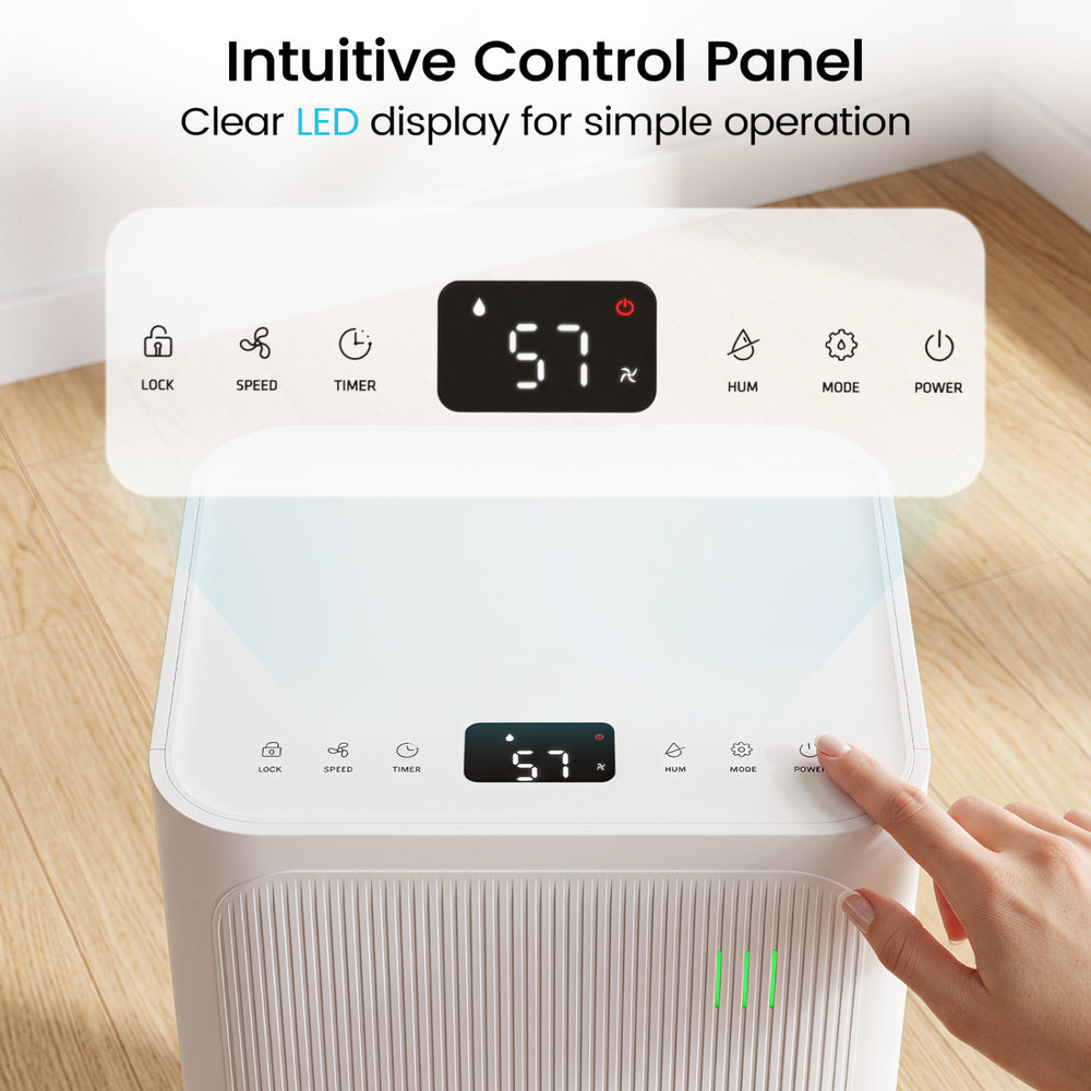 Intuitive control panel with clear LED display for the 32 Pint dehumidifier, featuring adjustable humidity settings.