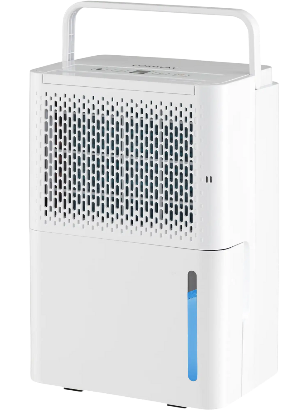 Compact 32 Pint dehumidifier in white with LED touch control, adjustable humidity, and top handle for easy mobility.