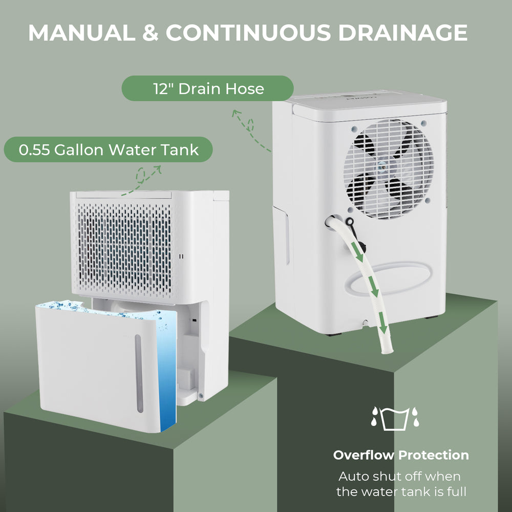 2000 Sq. Ft 32 Pint Dehumidifier with a visible water tank, drain hose, and LED touch control panel for easy operation.