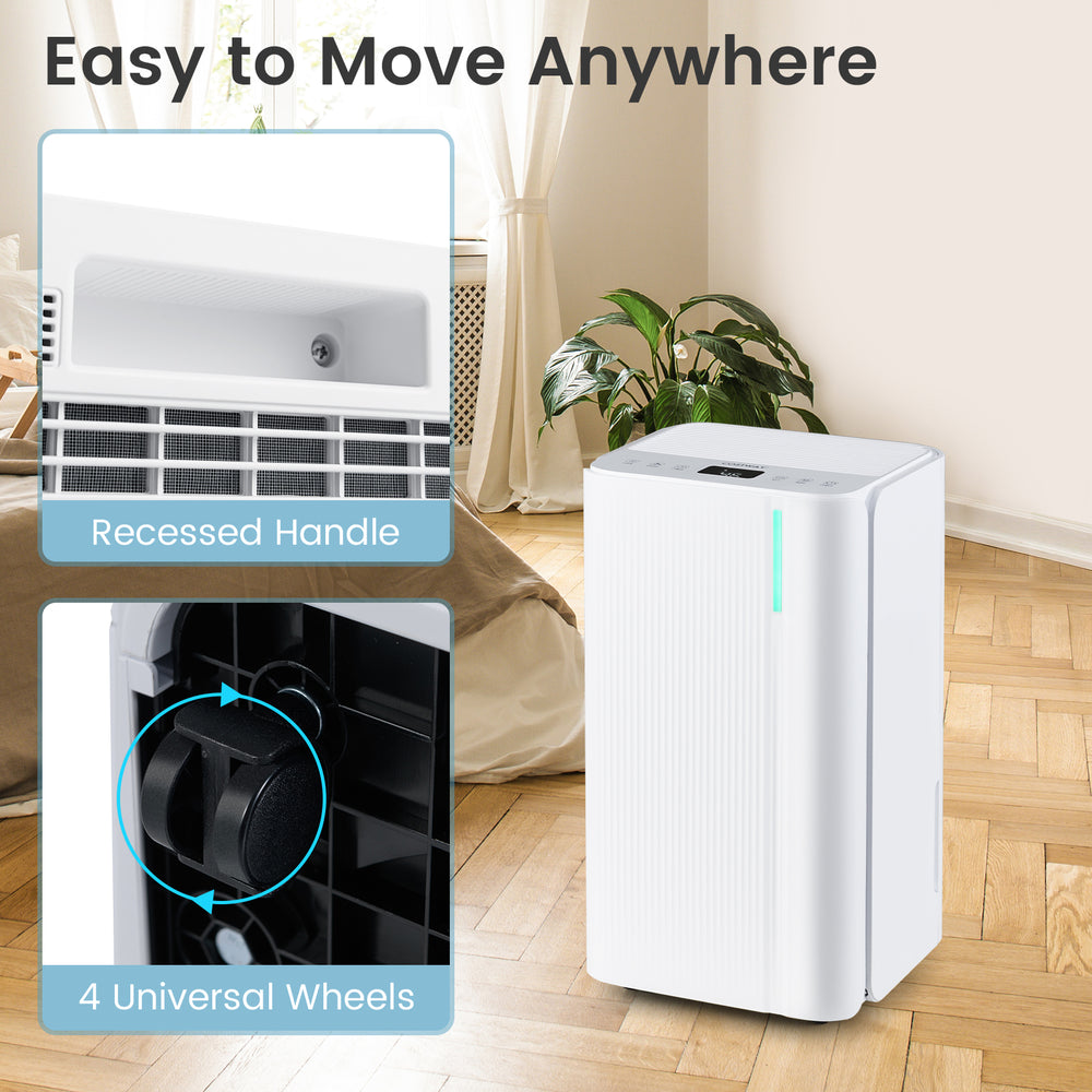 Portable dehumidifier with recessed handle and 4 universal wheels for easy mobility in large spaces.