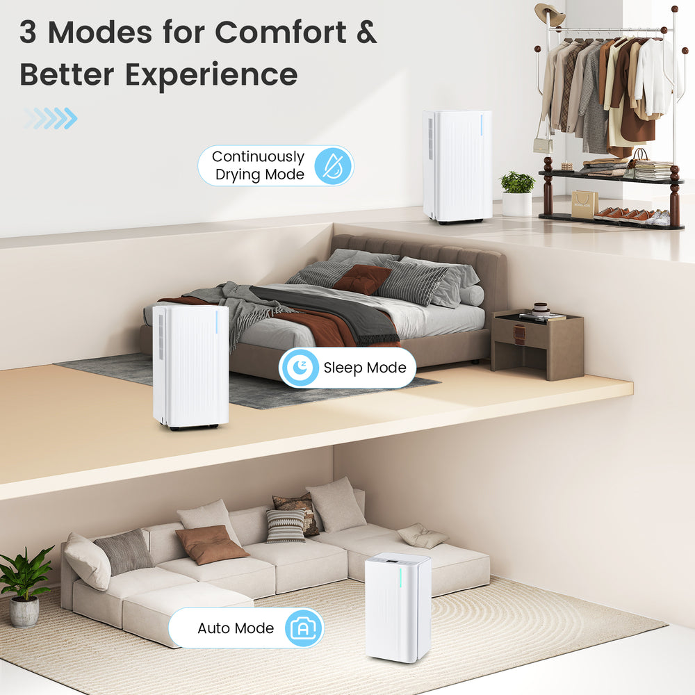 Portable dehumidifier in white, showcasing sleep mode and auto mode for tailored comfort in large spaces.