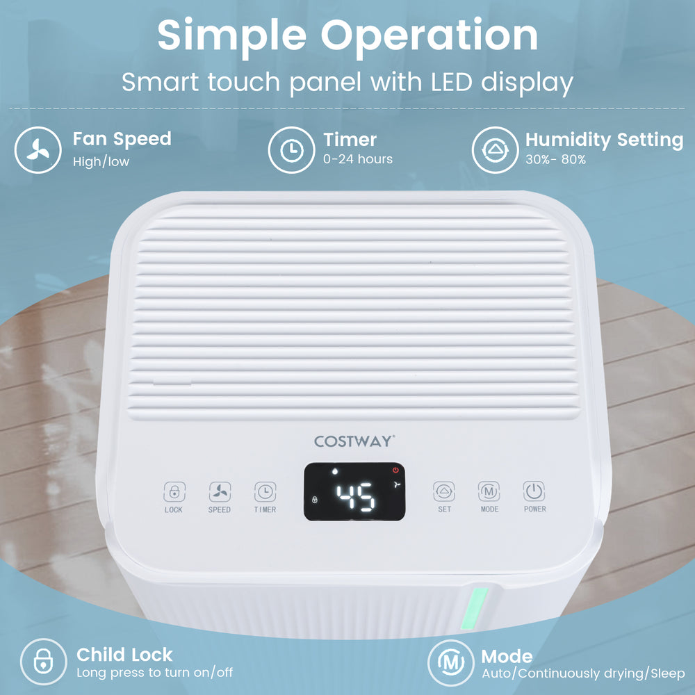 Portable dehumidifier with LED display, 32 pints capacity, adjustable humidity, and touch control for home use.