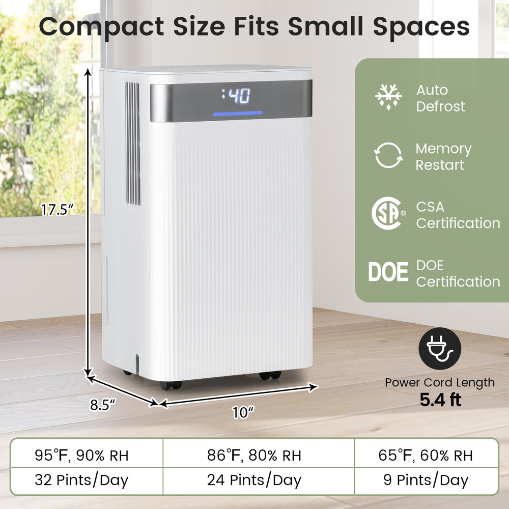Compact 32 pints dehumidifier in white, designed for spaces up to 2000 sq.ft, featuring adjustable humidity and smart.