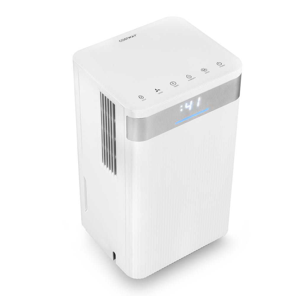 Compact 32-pint dehumidifier in white with LED control panel, ideal for spaces up to 2000 sq.ft, featuring quiet.