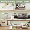 Quiet 32 pints dehumidifier in white, showcasing sleep mode in a stylish bedroom for optimal humidity control.