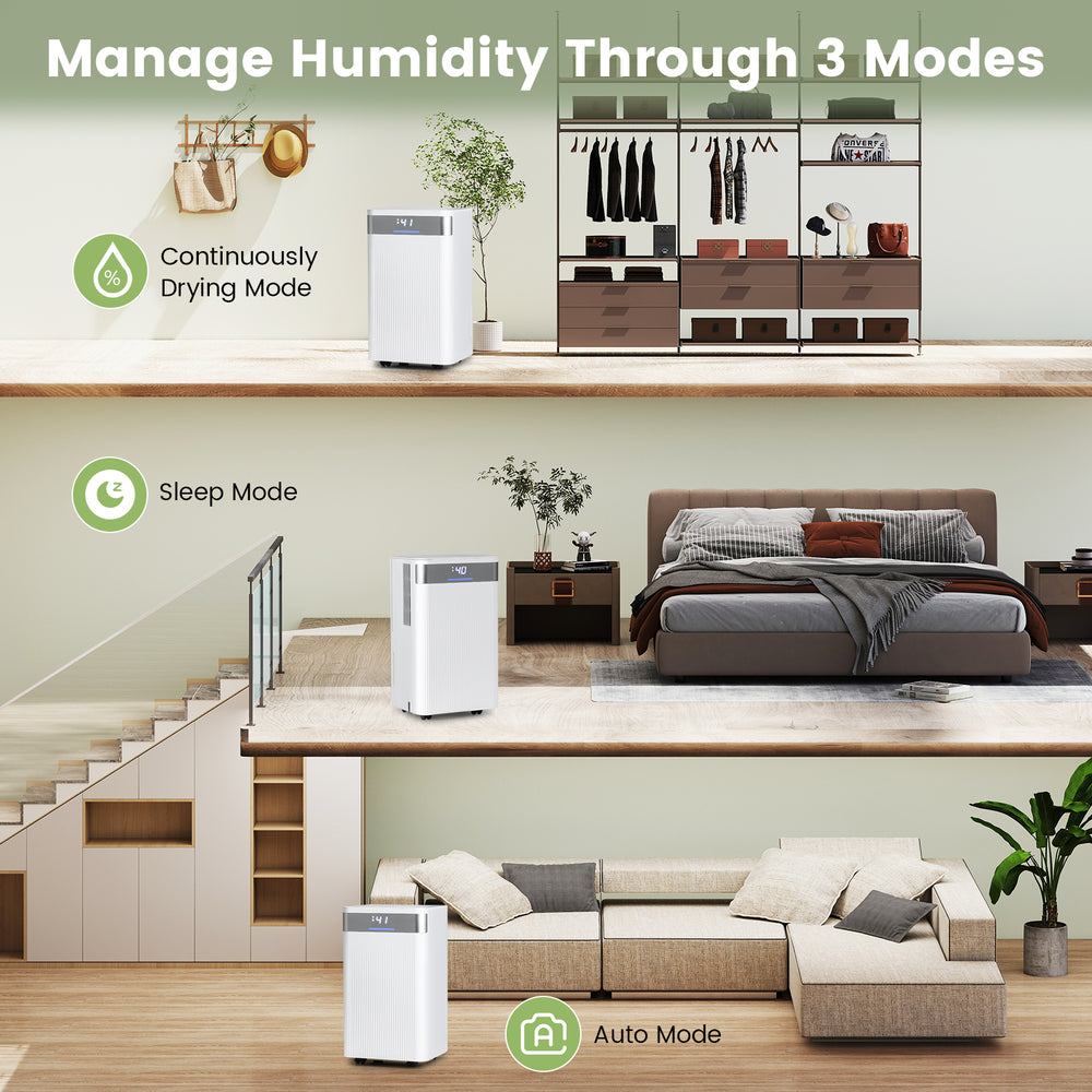 Quiet 32 pints dehumidifier in white, showcasing sleep mode in a stylish bedroom for optimal humidity control.