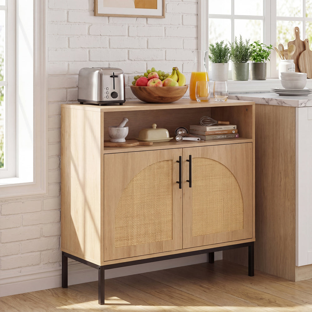 32" Sideboard Buffet Cabinet with 2 Natural Rattan Decorated Doors and Adjustable Shelf-Natural - Gallery View 1 of 10