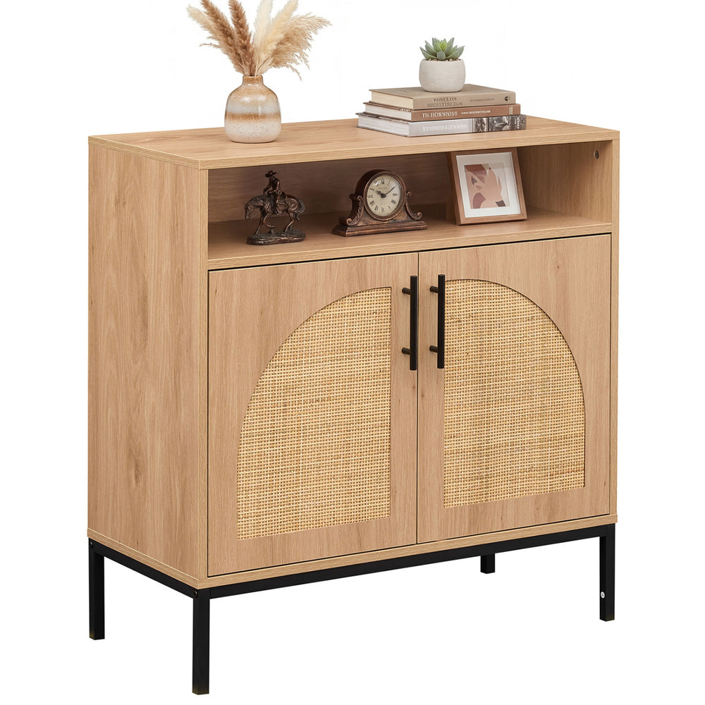 32" sideboard buffet cabinet featuring a top open shelf and two natural rattan doors, perfect for stylish living room.