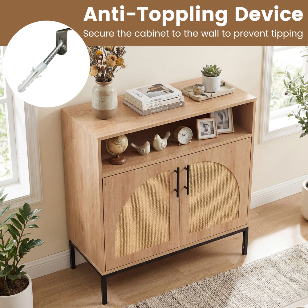 32" sideboard buffet cabinet with natural rattan doors, adjustable shelf, and anti-toppling device for added safety.
