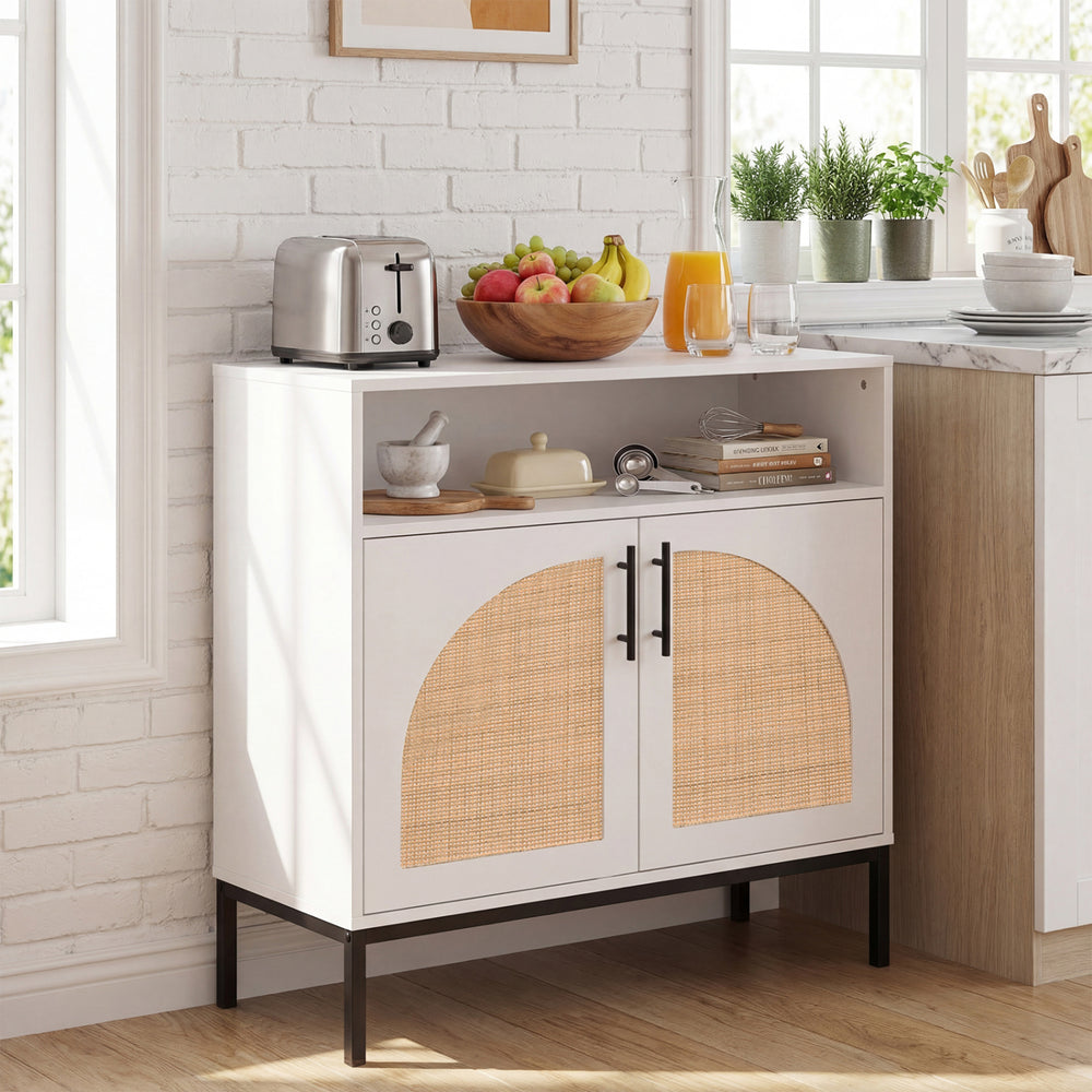 32" Sideboard Buffet Cabinet with 2 Natural Rattan Decorated Doors and Adjustable Shelf-White - Gallery View 1 of 10