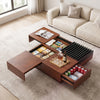 Square walnut coffee table with storage tray and hidden compartments, perfect for living room organization and style.