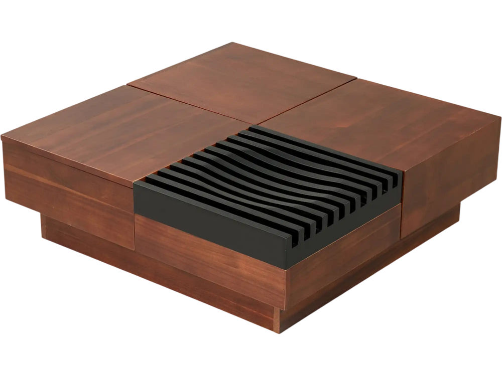 32" square coffee table with walnut finish, featuring a color-blocking design and hidden storage compartments for living rooms.