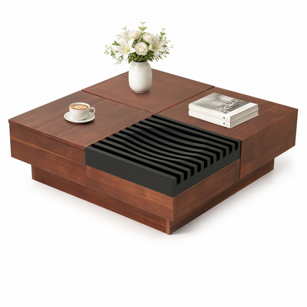 Square 32" walnut coffee table with color-blocking design, featuring storage tray and three hidden compartments for living room.