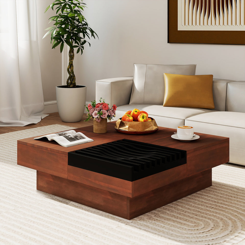 Square 32" color-blocking coffee table in walnut and black with hidden storage compartments for modern living rooms.