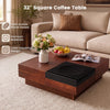 32" square coffee table in walnut with color-blocking design, featuring a solid wood storage tray and hidden compartments.
