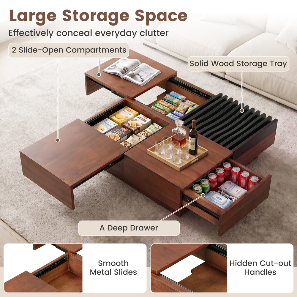 32" square coffee table in walnut and black finish features hidden compartments and a solid wood storage tray for clutter concealment.