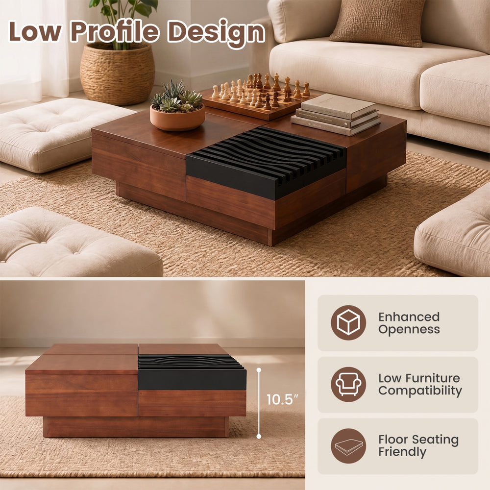 Square 32" color-blocking coffee table with walnut finish, featuring storage tray and low 10.5" height for floor seating.