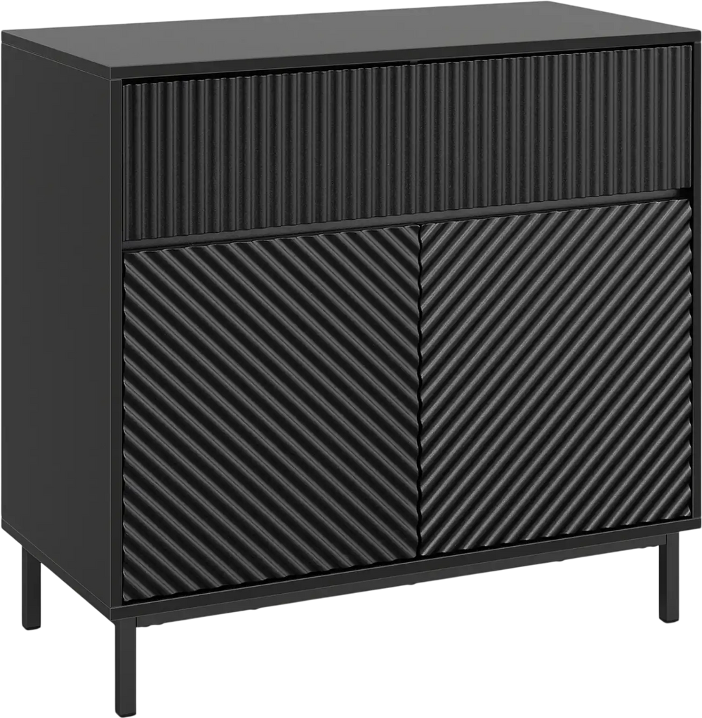 Black 32" wide buffet cabinet featuring two doors and one drawer, ideal for kitchen storage and organization.