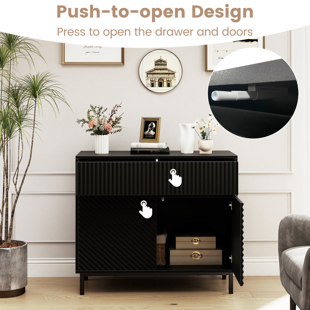 Black 32" wide buffet cabinet featuring a push-to-open design with two doors and one drawer for kitchen storage.