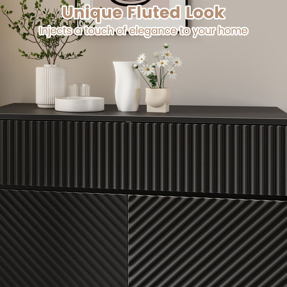32" wide black buffet cabinet with unique fluted design, featuring 2 doors and 1 drawer for stylish kitchen storage.