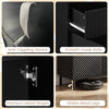 Close-up of premium metal hinges and anti-toppling device on a 32" wide black buffet cabinet for kitchen storage.