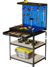 Workbench with navy finish, featuring pegboards, drawer, and shelves, ideal for garage or workshop organization.