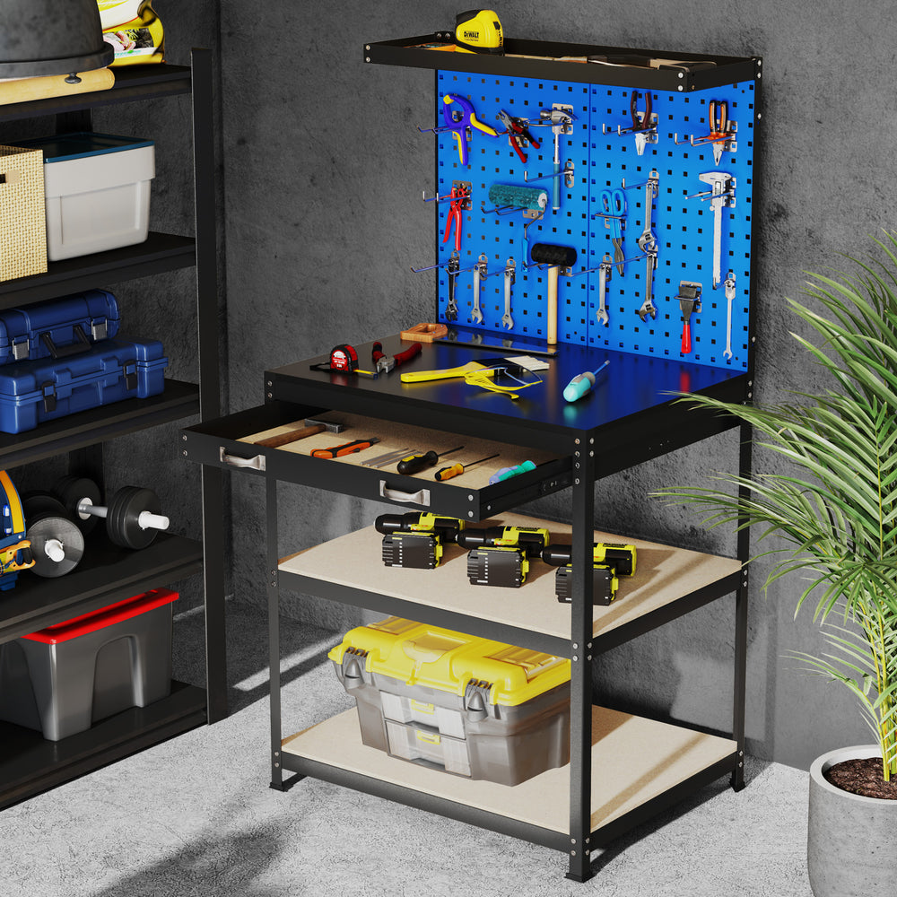 32 x 16 Inch Workbench Work Table with 2 PCs Pegboard Drawer and Shelves-Navy - Gallery View 1 of 10