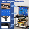 Workbench with navy finish, featuring pegboards, drawer, and shelves for organized tool storage in garage or workshop.