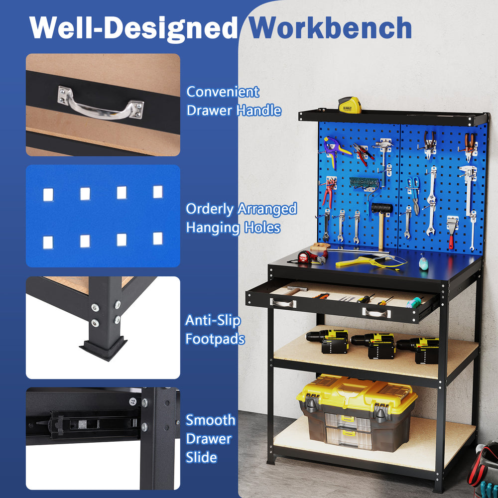 Workbench with navy finish, featuring pegboards, drawer, and shelves for organized tool storage in garage or workshop.