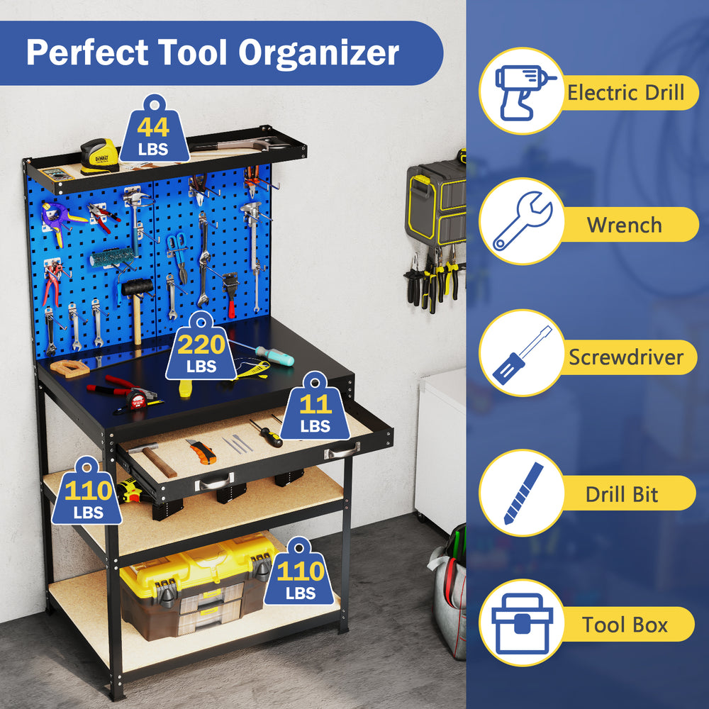 Workbench with navy finish, featuring pegboards, drawer, and shelves for efficient tool organization in garage or.