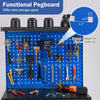 Navy pegboard with tools and hooks, featuring square holes for heavy items, ideal for garage or workshop storage.