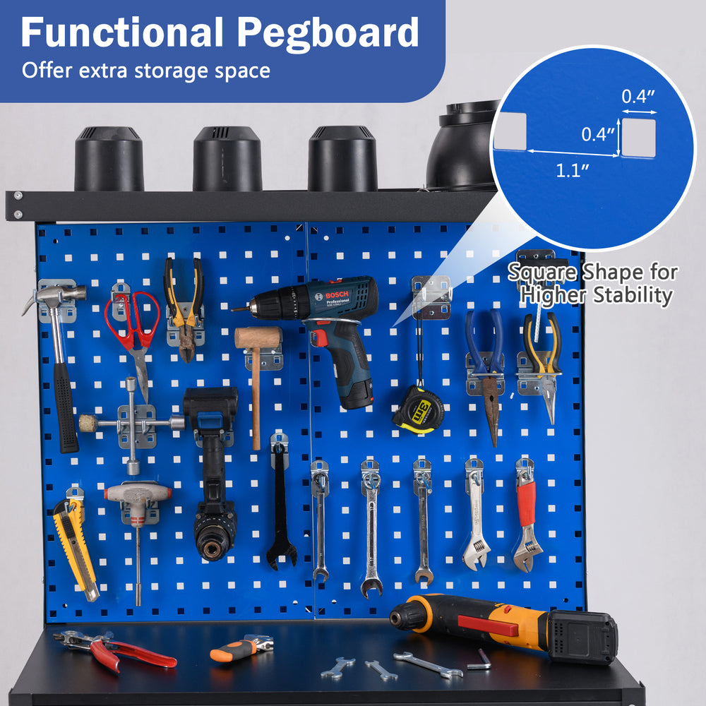 Navy pegboard with tools and hooks, featuring square holes for heavy items, ideal for garage or workshop storage.