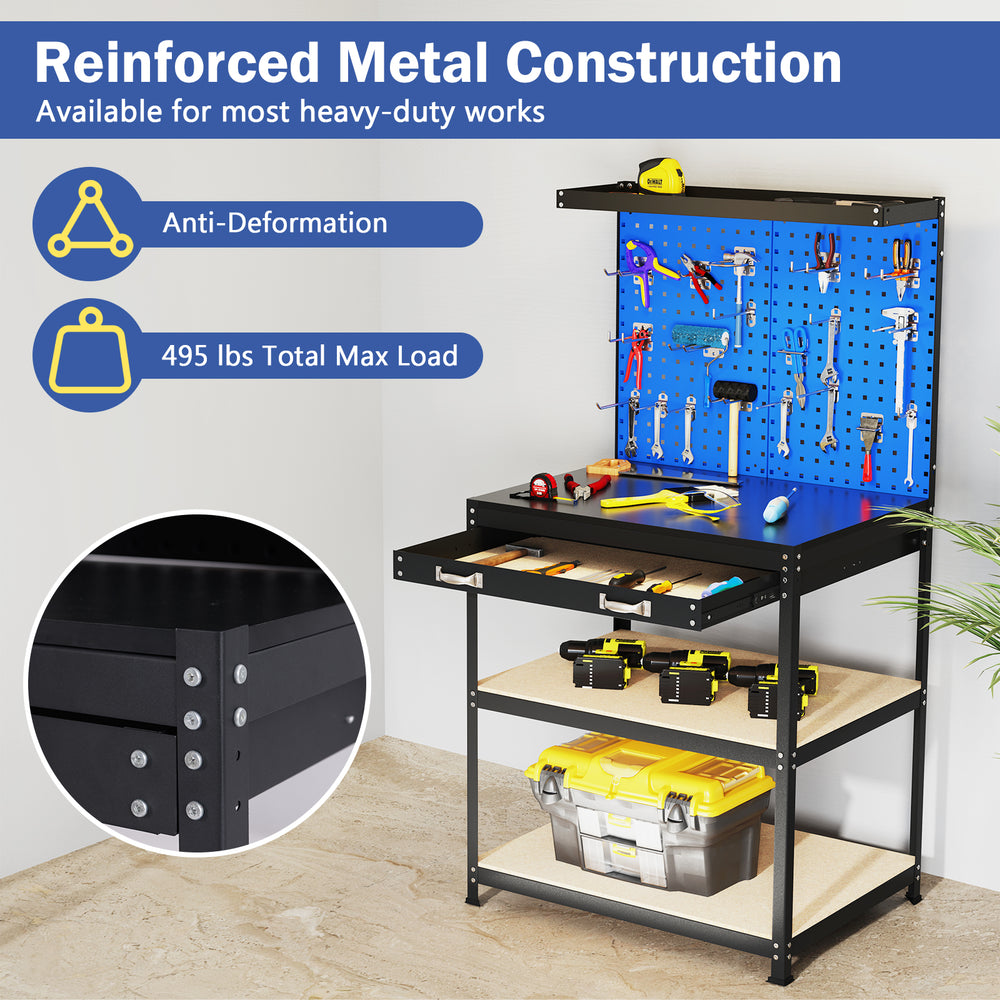 Heavy-duty 32 x 16 inch workbench with pegboards, drawer, and shelves for garage and workshop organization.