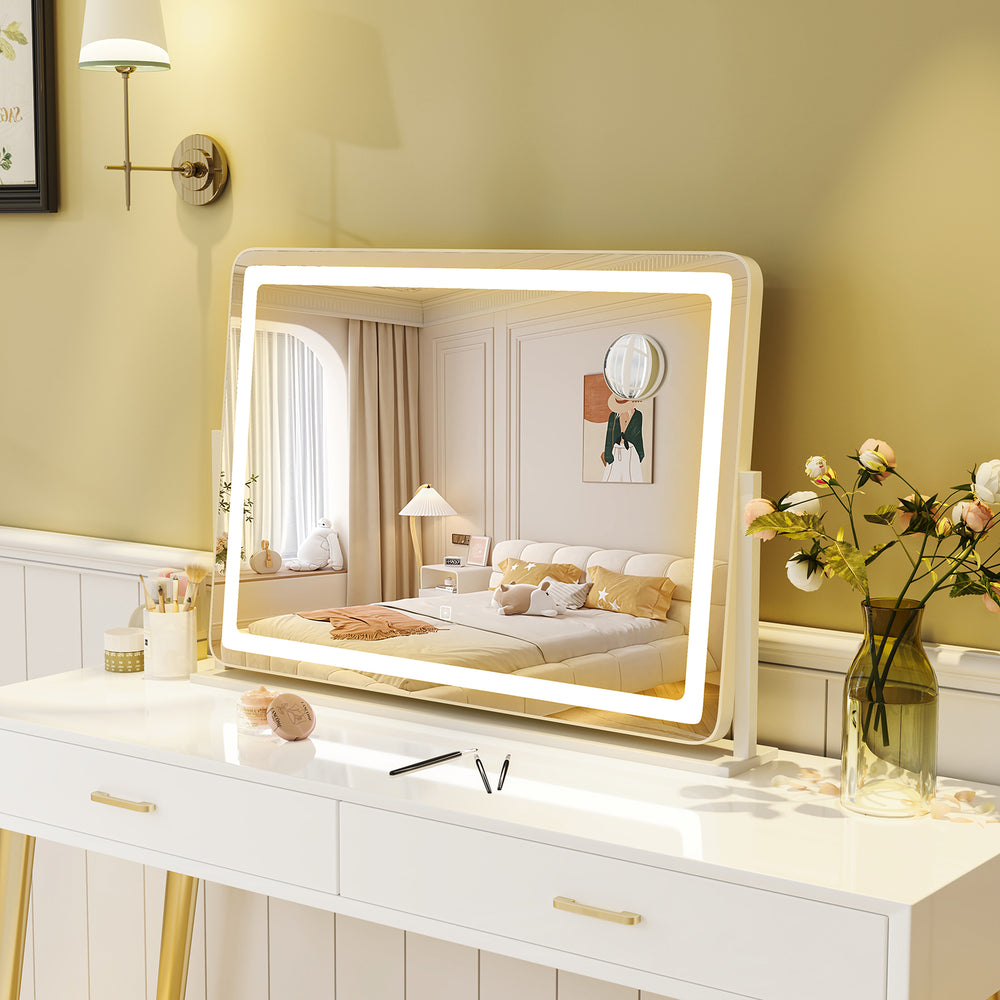 Large 32 x 22 inch makeup vanity mirror with 3-color lighting mode, featuring touch control and a 10X magnifying mirror.