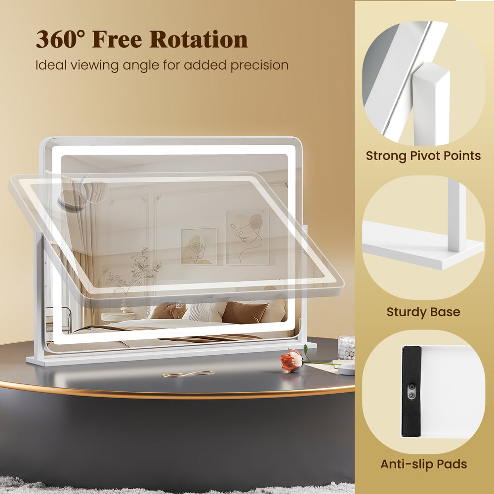 Large 32 x 22 inch makeup vanity mirror with 3-color lighting mode, 360° rotation, and sturdy anti-slip base.