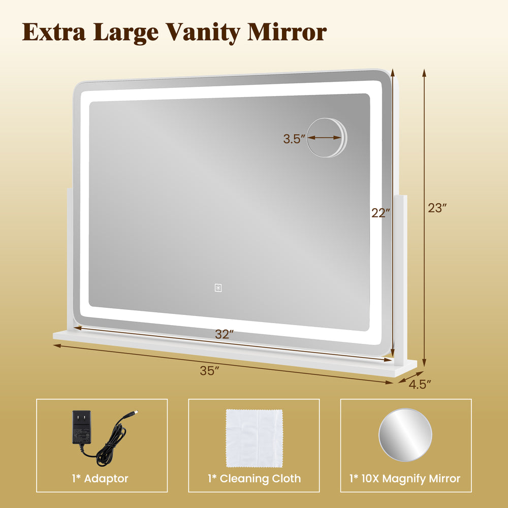 Extra large 32 x 22 inch vanity mirror with shatterproof glass, touch control, and stable base for safe, versatile use.