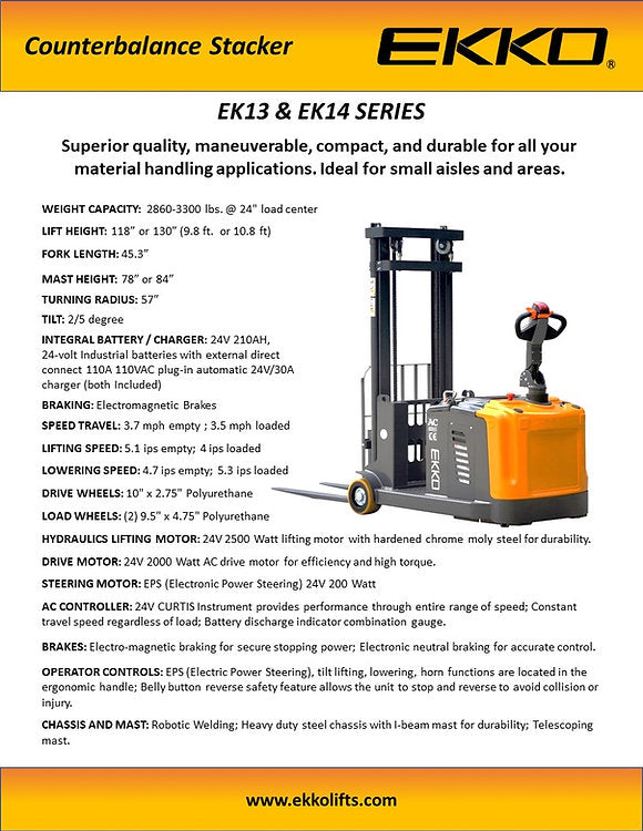 Ekko EK14 Counterbalance Walkie Stacker 118" Lift Height 3300 lbs. Capacity New