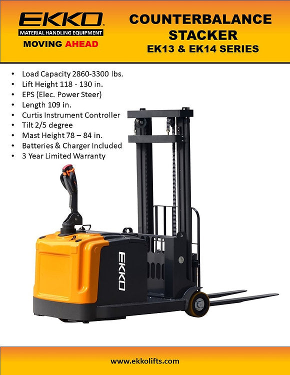Ekko EK14 Counterbalance Walkie Stacker 118" Lift Height 3300 lbs. Capacity New