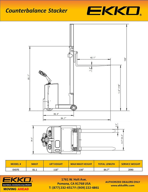Ekko EK07S Counterbalance Walkie Stacker 118" Lift Height 1550 lbs. Capacity New