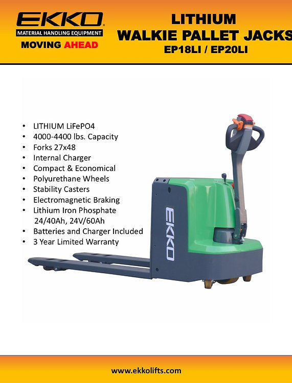 Ekko EP18Li Walkie Pallet Jack 24V LFP Battery 4,000 lbs. Capacity New