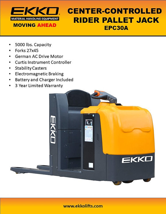 Ekko EPC30A Center-Controlled Rider Pallet Jack 5000 Lbs. Capacity New