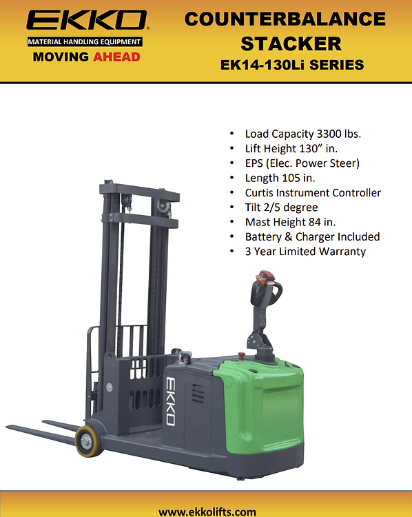Ekko Lithium Walkie Stacker Counterbalanced 130" Lift 3,300 lbs. Capacity EK14-130Li New