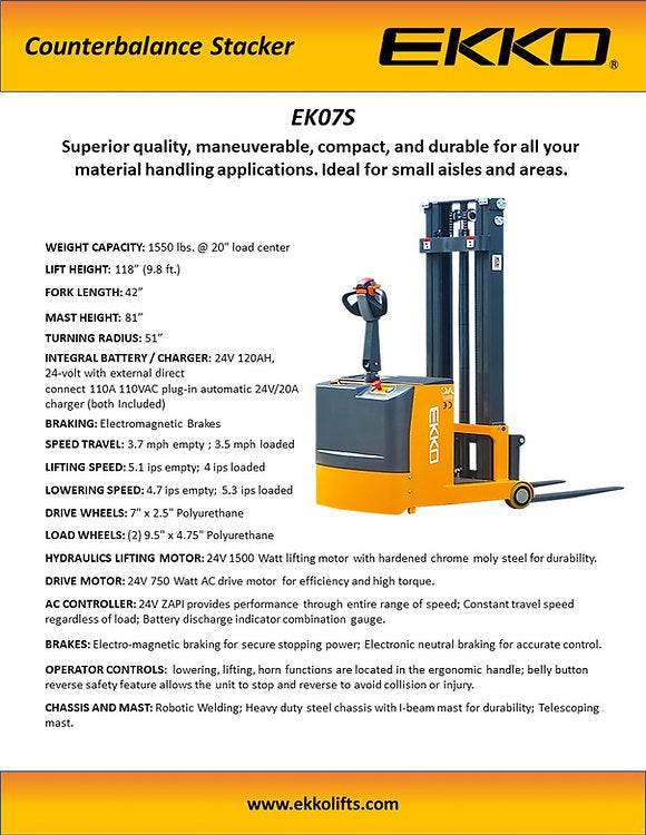 Ekko EK07S Counterbalance Walkie Stacker 118" Lift Height 1550 lbs. Capacity New