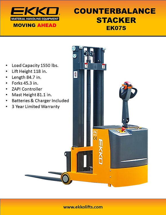 Ekko EK07S Counterbalance Walkie Stacker 118" Lift Height 1550 lbs. Capacity New