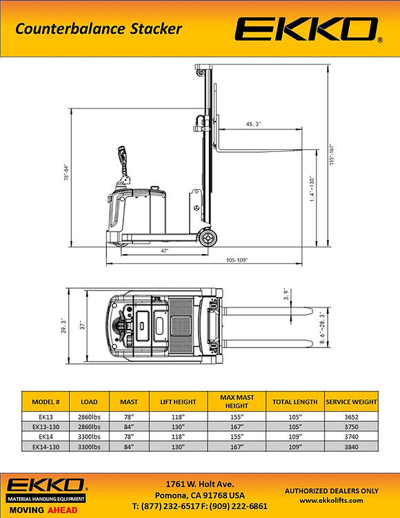 Ekko EK14 Counterbalance Walkie Stacker 118" Lift Height 3300 lbs. Capacity New