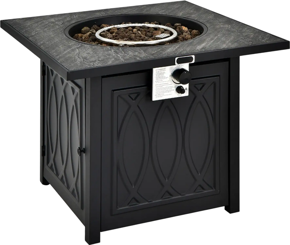Square propane fire pit table with a stylish black finish, featuring a decorative design and convenient adjustable.