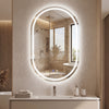 Oval LED bathroom mirror with front and backlight, featuring touch control, stepless dimming, and waterproof design.