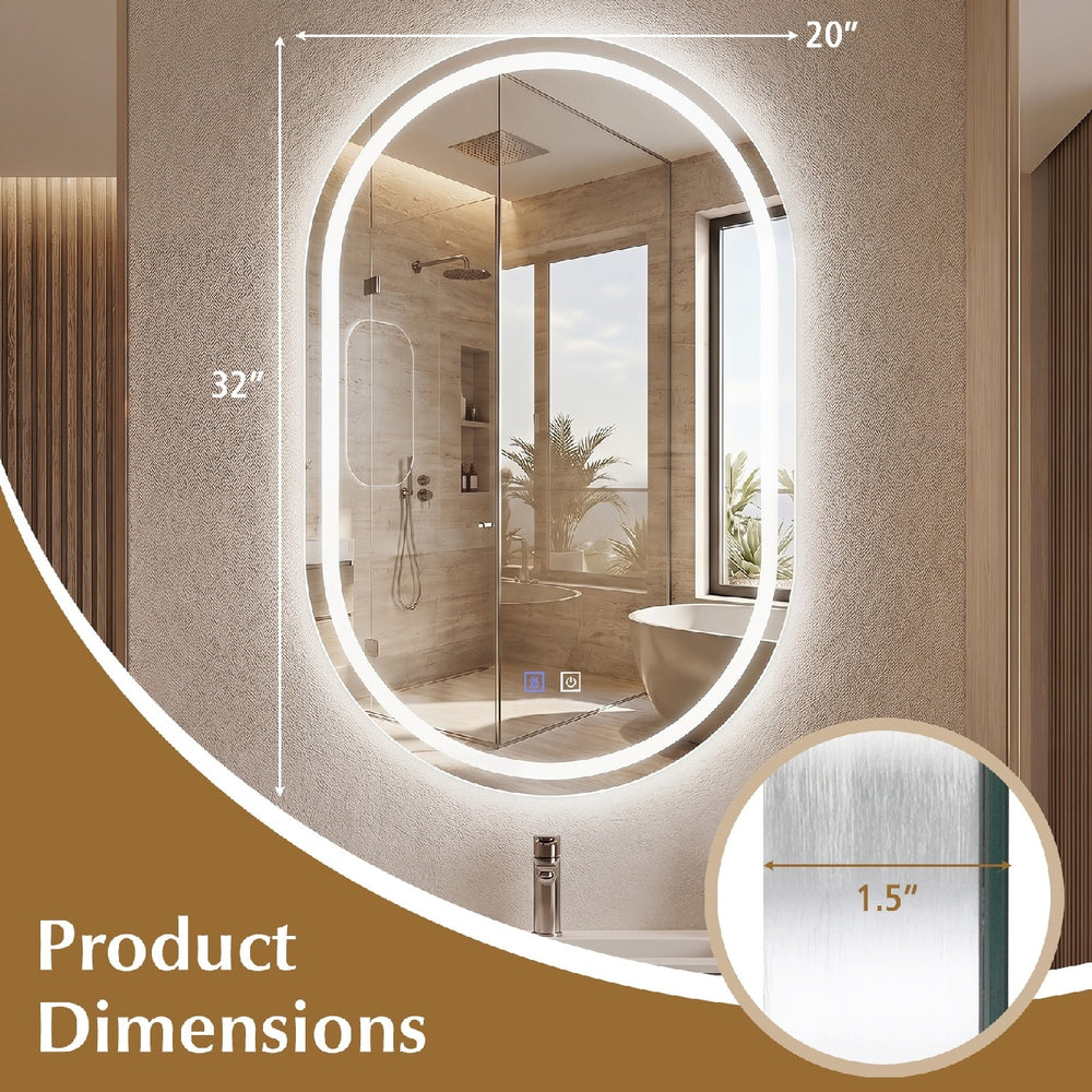 Oval LED bathroom mirror measuring 32x20 inches features front and backlight with stepless dimming for optimal illumination.