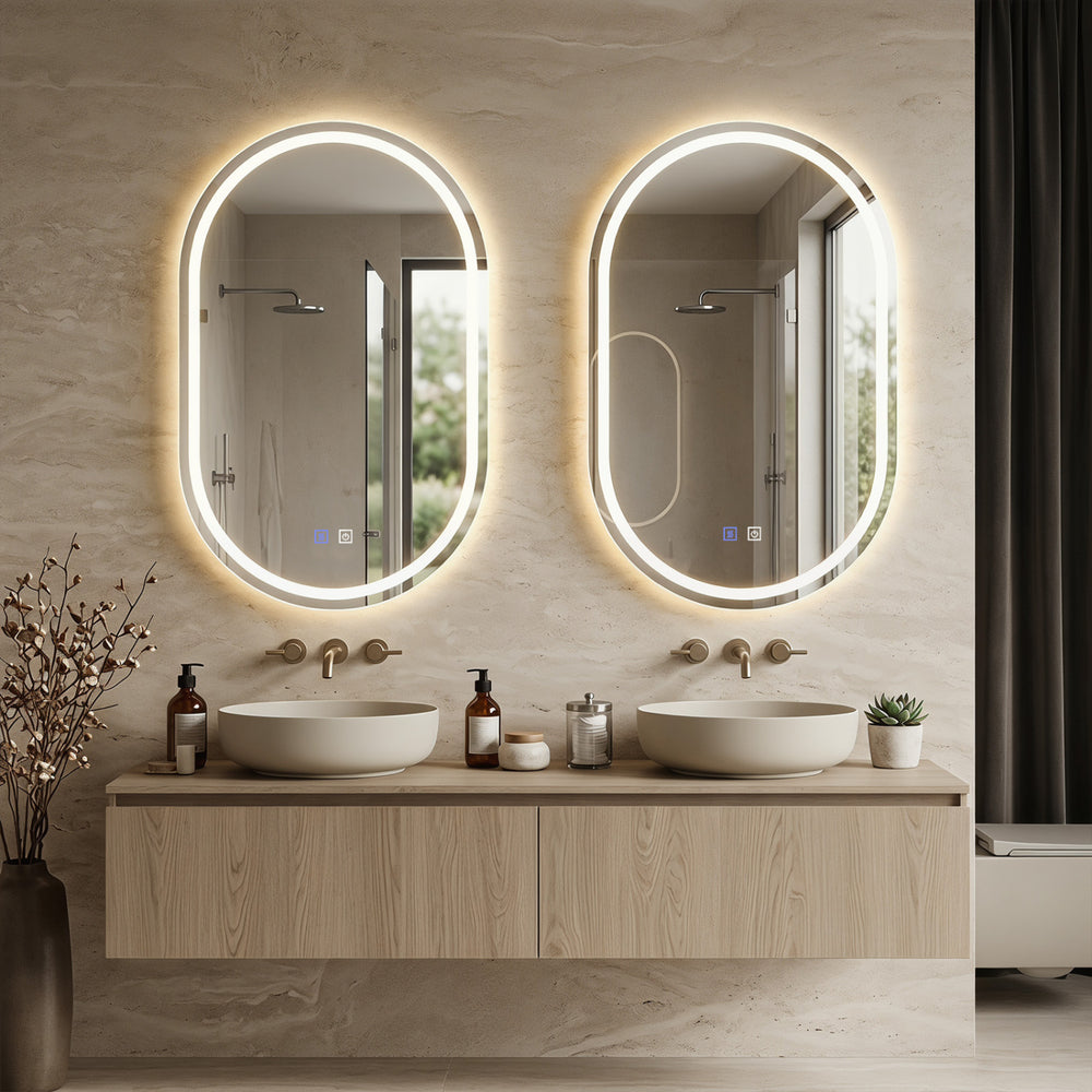 Oval LED bathroom mirror with front and backlight, featuring touch control and stepless dimming for customizable illumination.