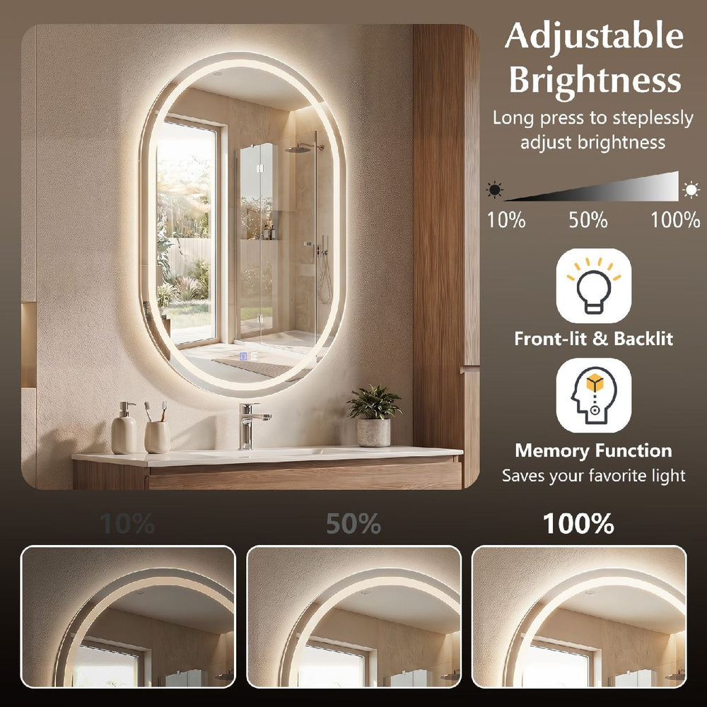 32x20" oval LED bathroom mirror features front and backlight with adjustable brightness and three light colors for versatile use.